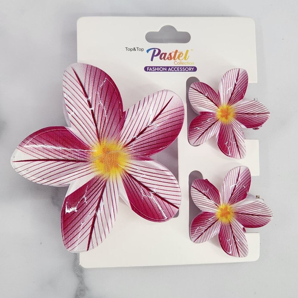 3 pc Hawaiian Flower Claw Clip Set - Hair Accessories White & Maroon Plumeria